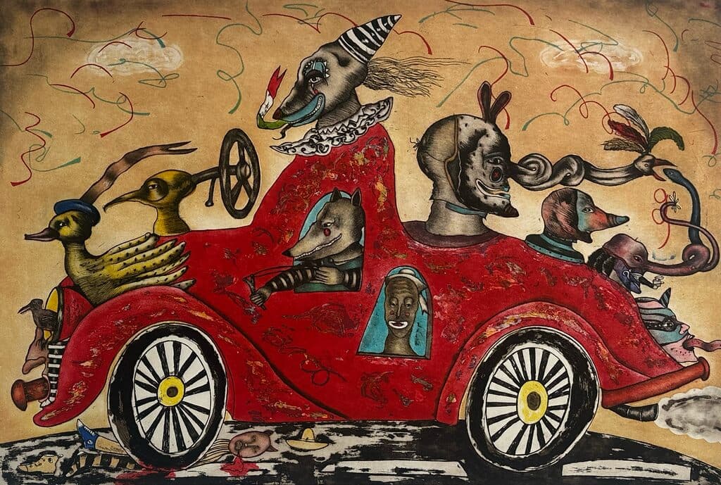 La Banda del Cochecito Rojo de Alejandro Colunga - Etching, aquatint, and carborundum on paper