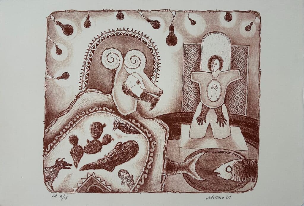 Personaje con pescado by Álvaro Santiago - Etching, 1989