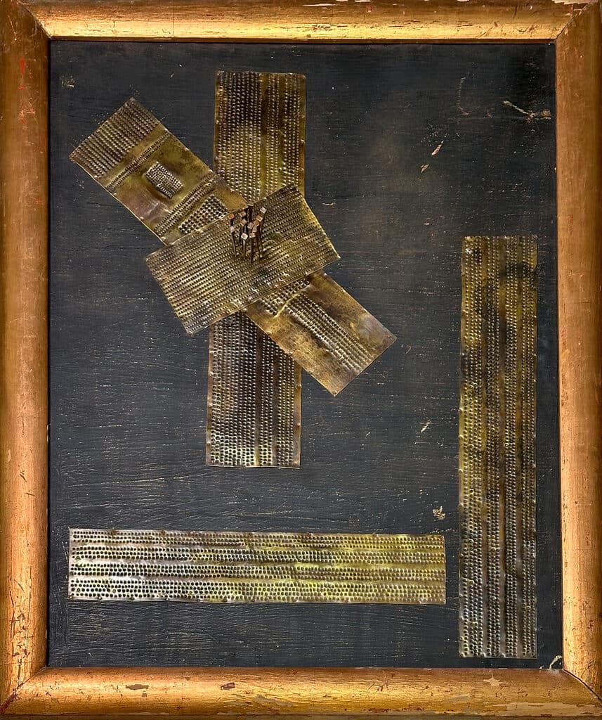 Mensaje  by Mathias Goeritz - Hammered brass and metal fasteners on board, 1960s