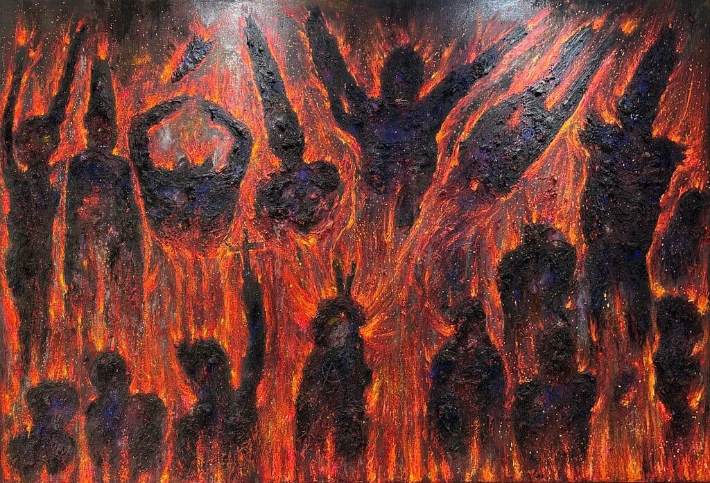 El Purgatorio de Alejandro Colunga - Mixed media, tar and oil on canvas, 1990