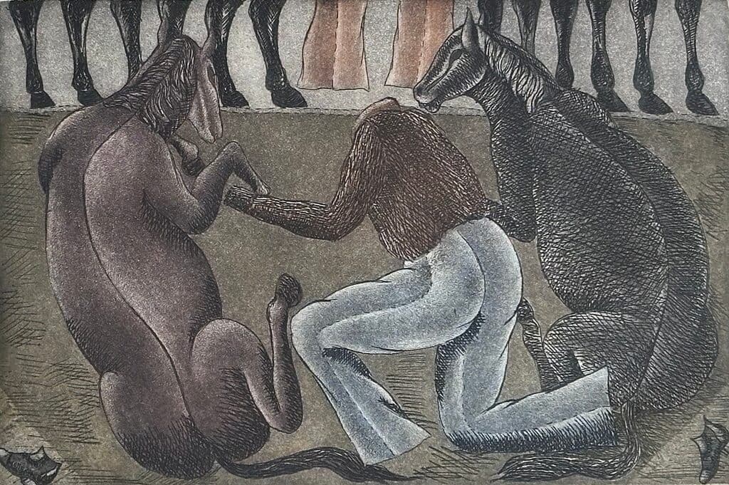 Entre las Patas de los Caballos by Juan Alcazar Mendez - Engraving, 1985