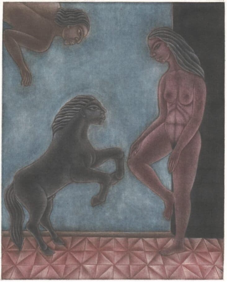 Acosada en la Ventana by Juan Alcazar Mendez - Engraving, 1987