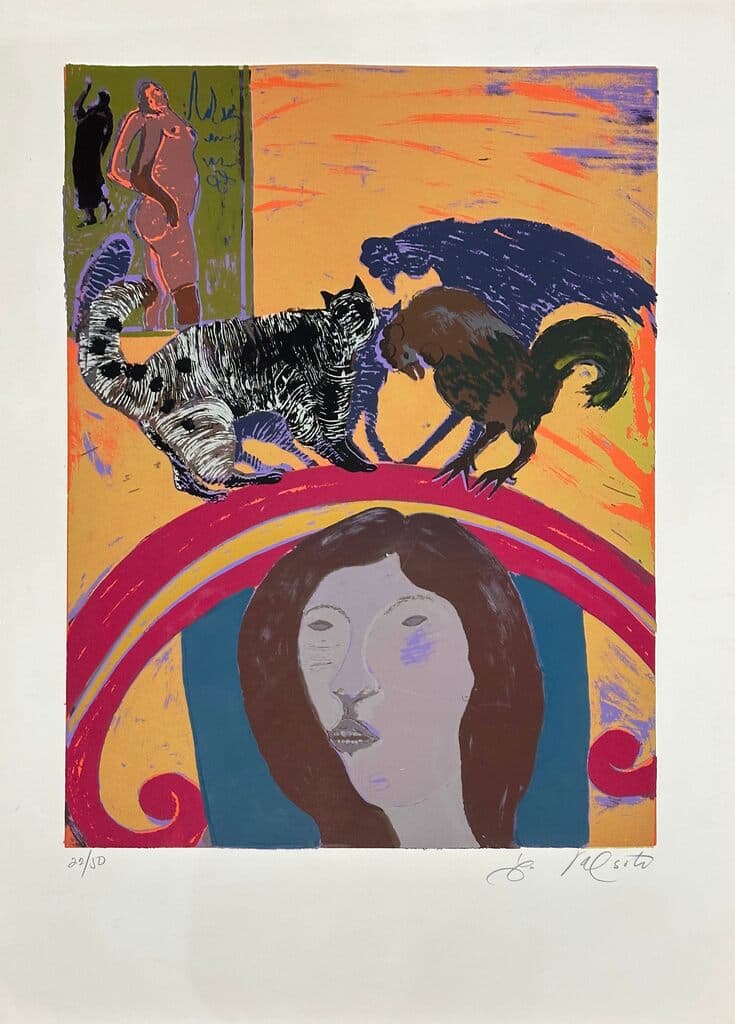 Mujer, Gato y Gallinas by Luis Valsoto - Silkscreen, Unknown