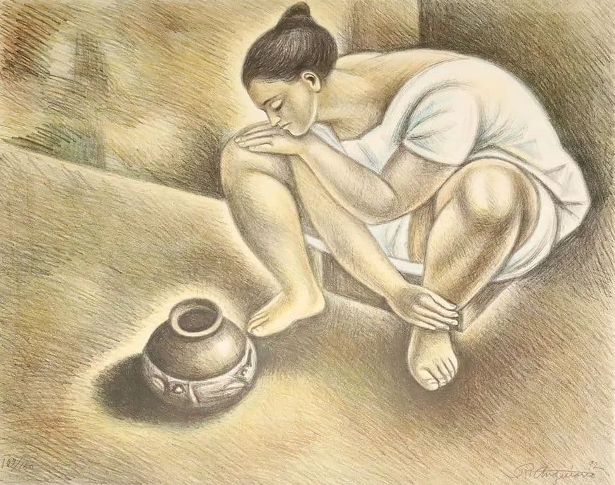 Woman looking at a vase by Raúl Anguiano - Lithograph, 1992